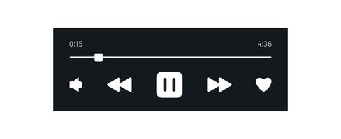 Music Player user interface dark theme. Audio media app widget with song duration bar. Modern UI display element for podcast with pause, play, skip, favorite, volume Buttons. Playback screen mockup. vector