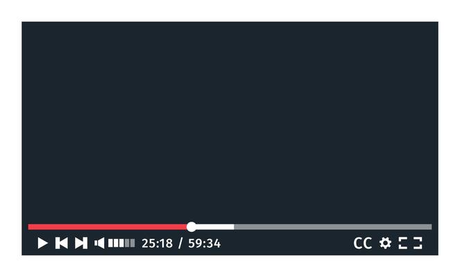 Player mockup for Smart TV dark theme. Media ui black interface template for web and apps. Screen with Play stop next progress bar subtitles settings full screen volume buttons