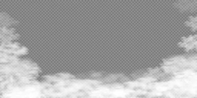 White Smoke cloud with overlay effect background. Realistic border frame with fog. 3D Smoky mist or toxic vapor on floor. Meteorological grey phenomenon or condensation. Banner with copy space. vector