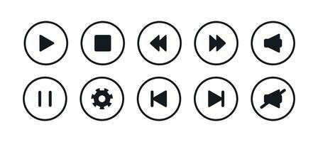 Media player button icons set. Sings in black round outline round shapes. Play pause rewind skip settings next stop volume symbol in flat minimal style. Ui interface line element with editable stroke. vector