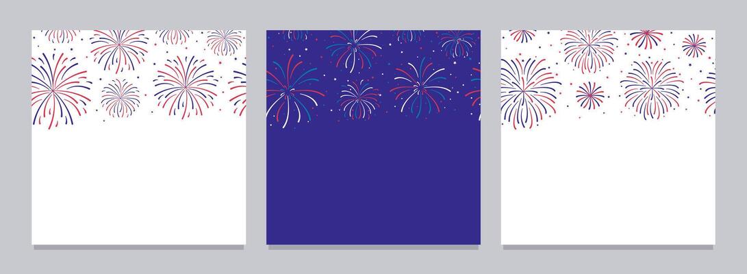 Fireworks explosions posters set with copy space. Festive empty social media posts for usa independence day. American national celebration 4th July, Labor or Memorial day blue red stars, sparkle.