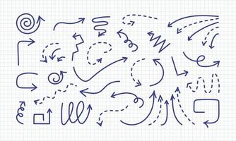 Hand drawn sketchy blue pen Arrows set. Ink pointers elements on school notebook sheet. Brush editable stroke. Dot lines icons collection. Infographic doodle cursor for poster banner card. vector