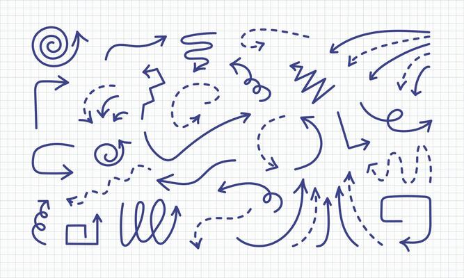 Hand drawn sketchy blue pen Arrows set. Ink pointers elements on school notebook sheet. Brush editable stroke. Dot lines icons collection. Infographic doodle cursor for poster banner card.