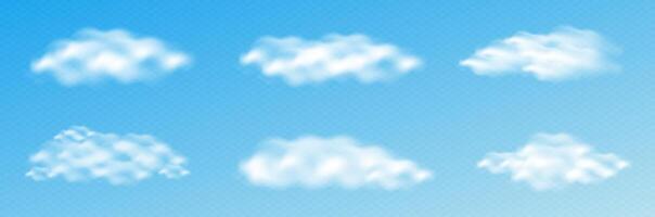 Realistic white cloud or fire smoke set. 3D Chimney smoke, fog wave or cloudy pattern with overlay effect. Fluffy weather sky elements. vector
