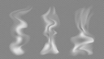 Wavy steam of hot water, tea, coffee, food. Realistic icons of white smoke isolated. Abstract elements flowing on dark background. Mystical effect shape. Cigarette, vapor, hookah cloud overlays. vector