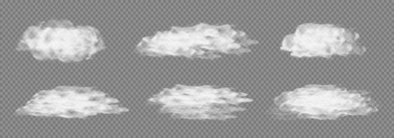 White Realistic isolated steam or fluffy cloud set. 3D cloudy sky sunny weather element. Foggy illustration concept vector
