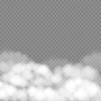 Realistic white Cloud banner with copy space. Smoke, fog background overlay effect. Cloudy grey smog. Morning mist over water surface. Sky white 3D fluffy elements. Steam at night club, magic haze vector
