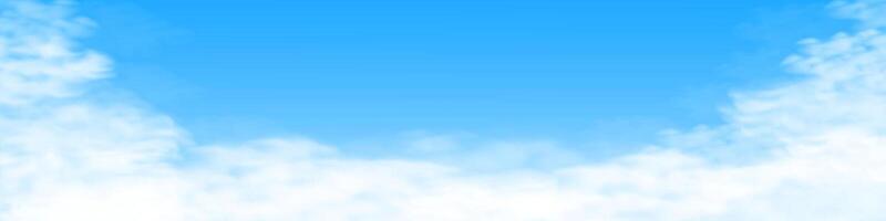 Blue realistic sky cloudy banner with copy space. Nature Landscape Background with Fluffy white 3d clouds. Sunny day effect. vector