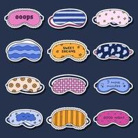 Big colored doodle sticker set with sleeping mask for planners, notebooks. Ready for print list of eye mask with geometric, animal and flower pattern, lettering, lace decoration. Hand drawn eye mask vector