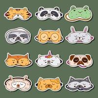 Funny colorful doodle sticker set with animal sleeping mask for planners, notebooks, scrapbook. Ready for print list of eye mask with panda, toad, kitty head. Hand drawn sweet dreams accessory. vector