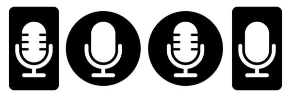 Set of black and white microphone icons. Simple flat style audio record symbols for podcast, voice, media app, UI button, or broadcast interface, illustration on white background. vector