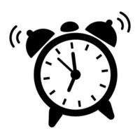 Ringing Alarm Clock Icon. Illustration of Wake-Up Time Alert Notification. Alarm Clock Icon with Vibrating Sound Lines. Wake Up Call Symbol in Black Silhouette Style vector