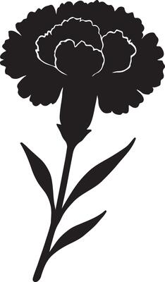 Elegant Black Silhouette of a Single Carnation Flower Blooming Gracefully on a White Background - Professional digital artwork with vibrant colors and detailed composition