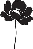 Elegant Black and White Poppy Flower Silhouette, Blooming in Simple Style, Isolated on White Background, Minimalist Floral Design vector