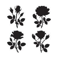 Elegant Black Silhouette Roses A Collection of Four Blooming Rose Stems with Buds in a Minimalist White Background Design vector