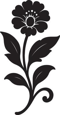 Elegant Black Silhouette of a Blooming Flower with Intricate Leaves, Set Against a White Background, Evoking a Sense of Classic Grace