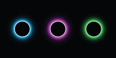 Neon glowing circular ring light effect on black background for abstract futuristic frame energy swirl concept design element or digital background wallpaper vector