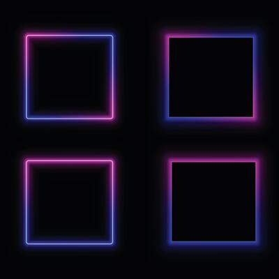 Glowing neon square frame with pink and blue light isolated on black background. Gradient glow border for decoration.
