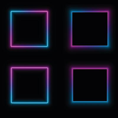 Glowing neon square frame with pink and blue glow light isolated on black background. Gradient glow border for decoration.