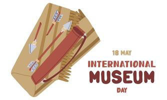 International Museum Day on May 18. An antique quiver with arrows on bedspread. Flat color illustration for use in posters, articles, and social media related to science and history. Horizontal banner vector