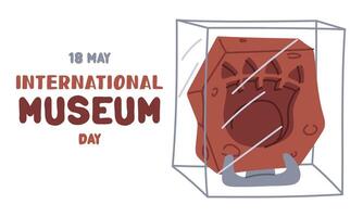 International Museum Day on May 18, fossil of a stegosaurus foot print on a stand and under glass. Flat color illustration for use in posters, articles, and social media related to science and history vector