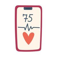 phone with a heart pattern, cardiogram, and the number of beats. The flat color illustration is suitable for medical websites, posters about health, fitness, disease prevention and cardiac activity. vector