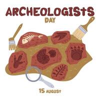 Archaeologist Day on August 15 objects for excavation. Flat color illustration. Fossils, dinosaur prints, shells, bones. for postcards, posters, articles, blogs, educational materials. Square vector