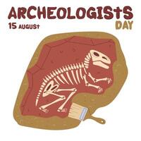 Archaeologist's Day is August 15th. A fossil of tyrannosaurus bones with a brush in the sand. Flat color illustration. Vulcanization. for postcards, posters, articles, blogs, educational materials vector