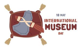 International Museum Day on May 18. prehistoric tool on a cushion with tassels. Flat color illustration for use in posters, articles, and social media related to science and history. Horizontal banner vector