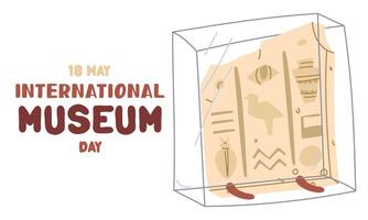 International Museum Day on May 18. part of an Egyptian plate with hieroglyphs on stand under glass. Flat color illustration for use in posters, articles, social media, science and history. Horizontal vector