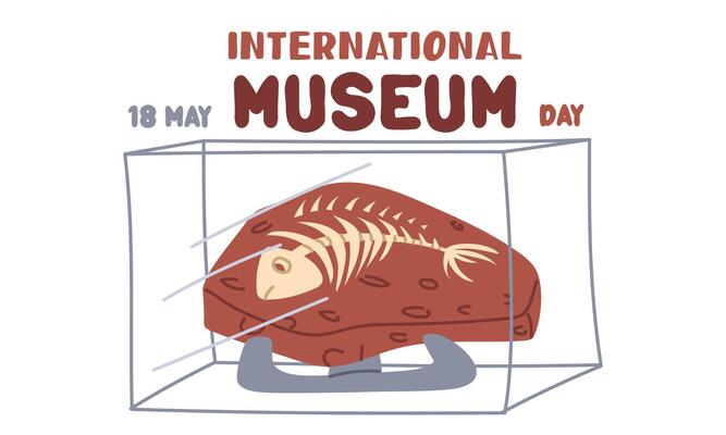 International Museum Day on May 18. fossil of prehistoric fish on a stand under glass. Flat color illustration for use in posters, articles, and social media related to science and history. Horizontal