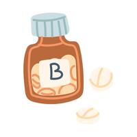 Glass jar with vitamin B. Round pills . The flat color illustration is suitable for applications, posters about health, fitness, exercise, disease prevention and cardiac activity. vector