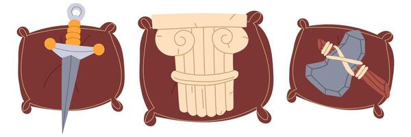 set of museum objects on a pillow is part of a Greek column, a sword, a prehistoric tool. Flat color illustration for use in posters, articles, and social media related to science and history vector