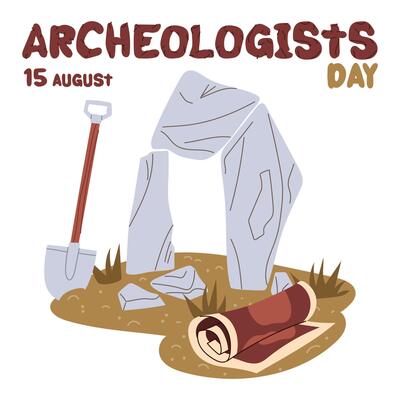 Archaeologist's Day is celebrated on August 15. Menhirs, Stonehenge, first buildings found. Flat color illustration. history of human activity. for postcards, posters, articles, blogs, educational