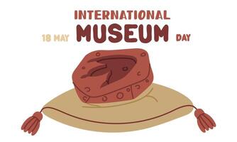 International Museum Day on May 18. fossil footprint of an allosaurus on pillow. Flat color illustration for use in posters, articles, social media related to science and history. Horizontal banner vector