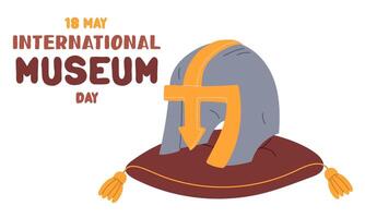 International Museum Day on May 18. Metal helmet on a pillow. Flat color illustration for use in posters, articles, and social media related to science and history. Horizontal banner vector