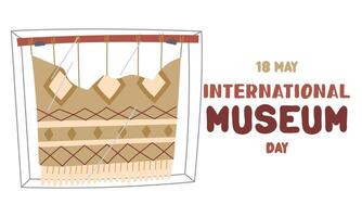 International Museum Day on May 18. A piece of carpet on a stand under a dragonfly. Flat color illustration for use in posters, articles, and social media related to science and history. Horizontal vector