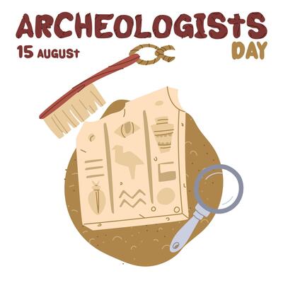 Archaeologist's Day is August 15th. fragment with Egyptian letters, magnifying glass, brush in sand. Flat color illustration. Human life activity. for postcards, posters, articles, blogs, educational
