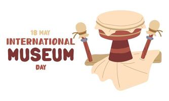 International Museum Day on May 18. An antique animal skin drum. Flat color illustration for use in posters, articles, and social media related to science and history. Horizontal banner vector
