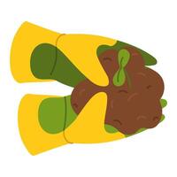 hands in rubber gloves hold sprout in ground for planting. Gardening tools. Flat color illustration. Suitable topics of ecology, horticulture, sustainable development, planting and nature protection vector