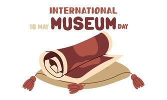 International Museum Day on May 18. historical map is rolled up on a pillow. Flat color illustration for use in posters, articles, and social media related to science and history. Horizontal banner vector