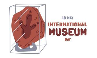 International Museum Day on May 18. tyrannosaurus footprint fossil on glass stand. Flat color illustration for use in posters, articles, social media related to science and history. Horizontal banner vector