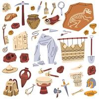 set of archaeological objects, flat color style. collection of historical finds in color. It is suitable for educational projects, infographics, books, presentations and design on historical topics. vector