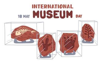 International Museum Day, May 18. Fossils of prehistoric animals and plants under glass on stand. Flat color illustration for use in posters, articles, and social media related to science and history vector