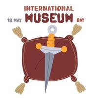 International Museum Day on May 18. sword, blade made of precious materials on cushion with tassels. Flat color illustration for use in posters, articles, social media related, history. banner vector