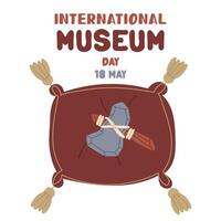 International Museum Day on May 18. prehistoric tool on a cushion with tassels. Flat color illustration for use in posters, articles, and social media related to science and history. banner vector