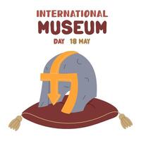 International Museum Day on May 18. metal helmet on a pillow. Military protection. Flat color illustration for use in posters, articles, and social media related to science and history. Square Banner vector
