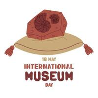 International Museum Day on May 18. fossil of a prehistoric shell on a pillow. Flat color illustration for use in posters, articles, and social media related to science and history. Square banner vector