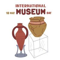International Museum Day on May 18. broken jug with Greek ornaments on glass cube, vase on stand. Flat color illustration for use in posters, articles, and social media related to science and history vector