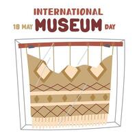 International Museum Day on May 18. A piece of carpet on a stand under a dragonfly. Flat color illustration for use in posters, articles, and social media related to science and history. banner vector